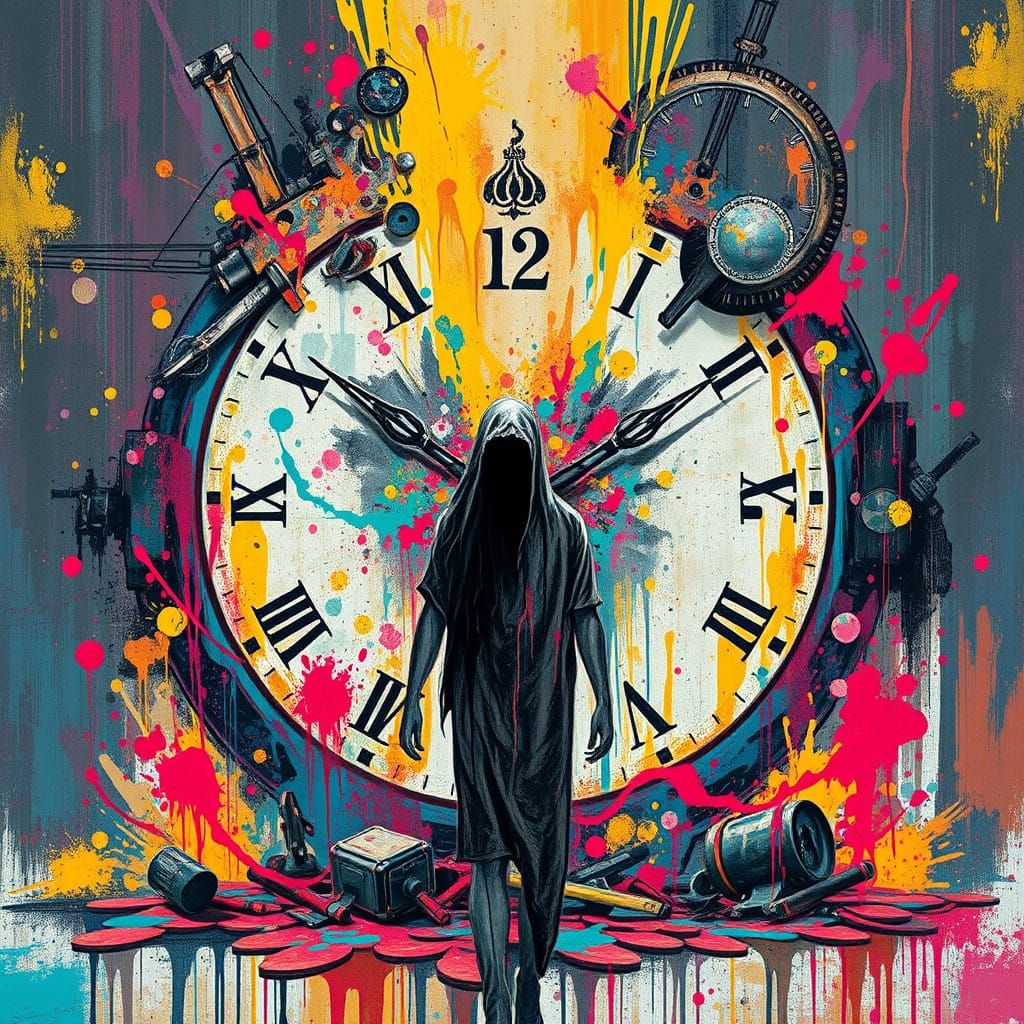 Fearful Figure Amidst Melting Clockwork in Polychromatic Str...