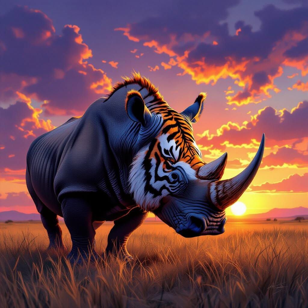 Tiger-Headed Rhino Roaring at Fiery Savanna Sunset