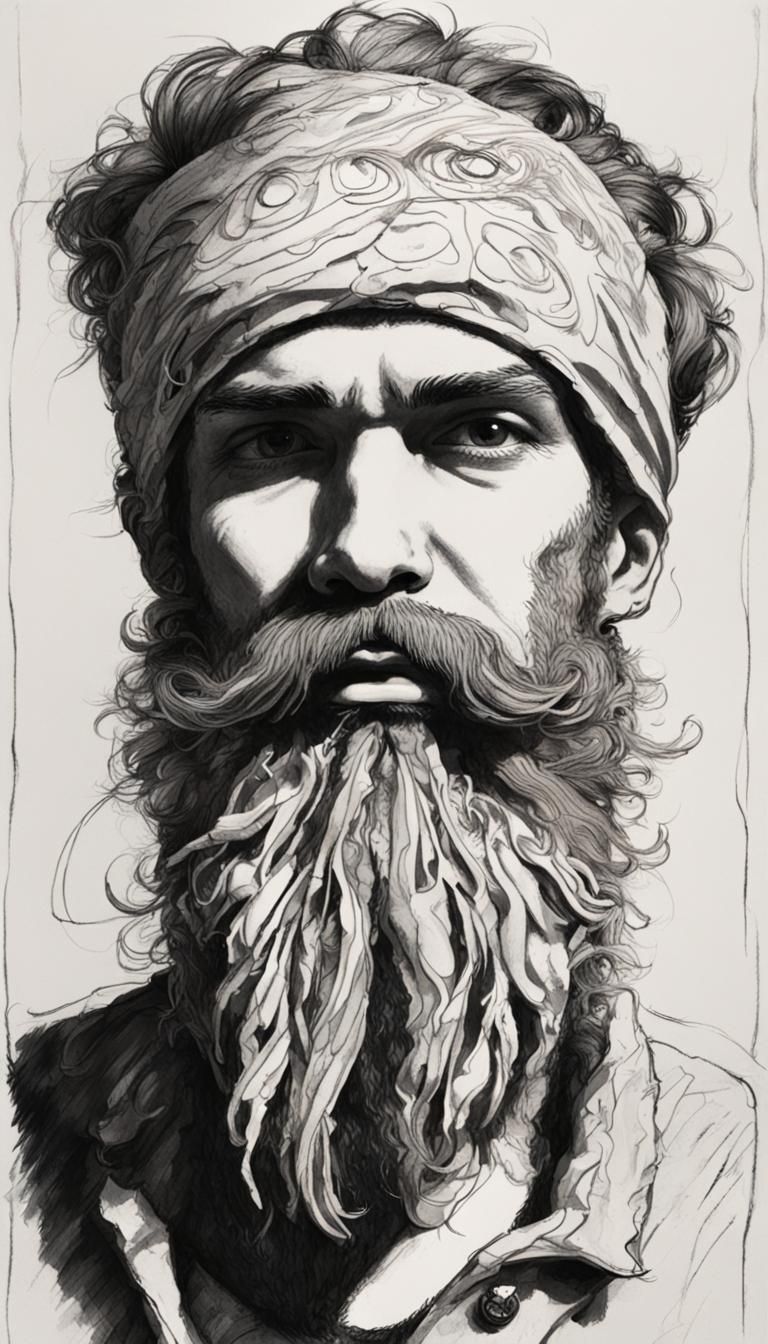 a drawing of a man wearing a beard with a headband, in the style of olympus pen f, kinetic sculptor, tenebrism mastery, ...