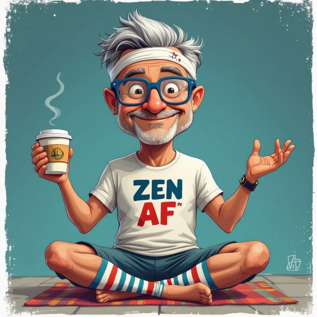 Humorous Caricature of Middle-Aged Man in Lotus Pose