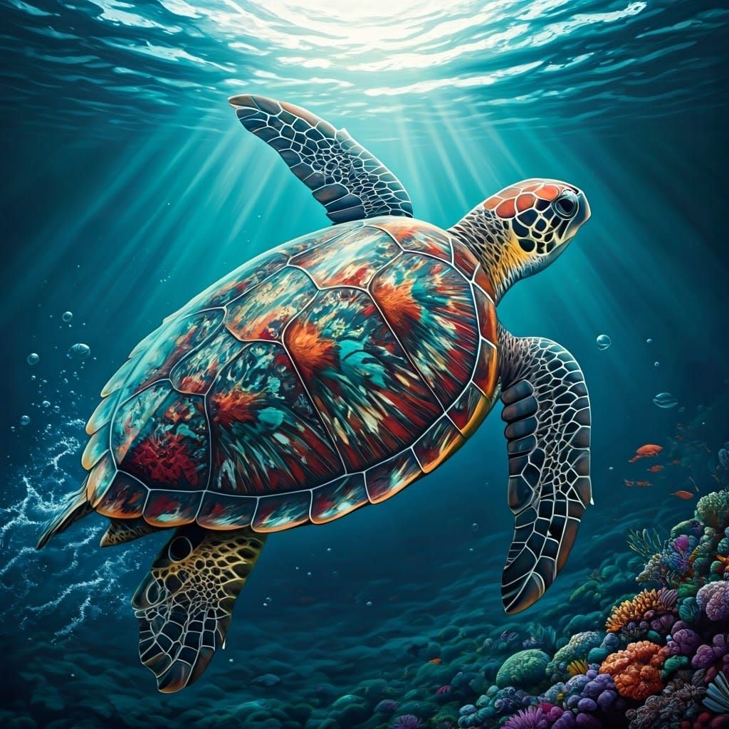 Majestic Sea Turtle Glides Through Crystal-clear Waters in I...