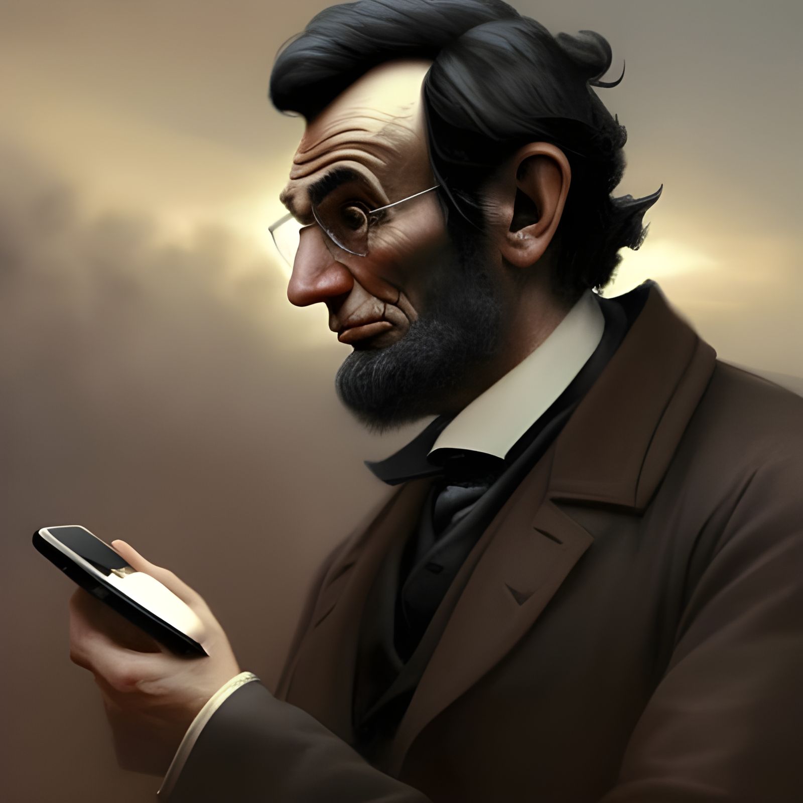 Happy Abraham Lincoln with iPhone, Dark Fantasy Art