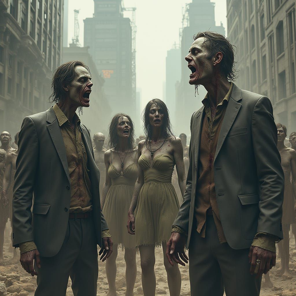 Rotting Zombies in Ruined City: Post-Apocalyptic Horde