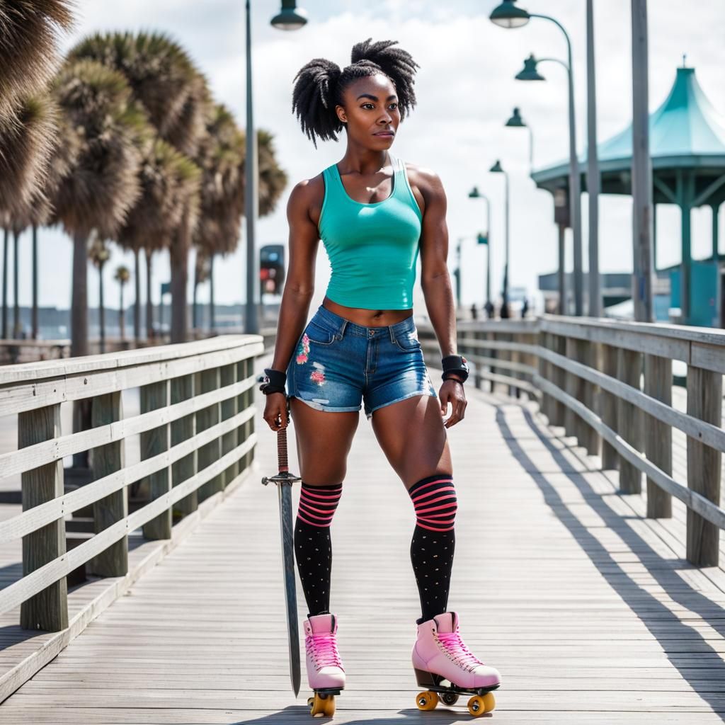 Freckled Girl with Samurai Sword on Boardwalk