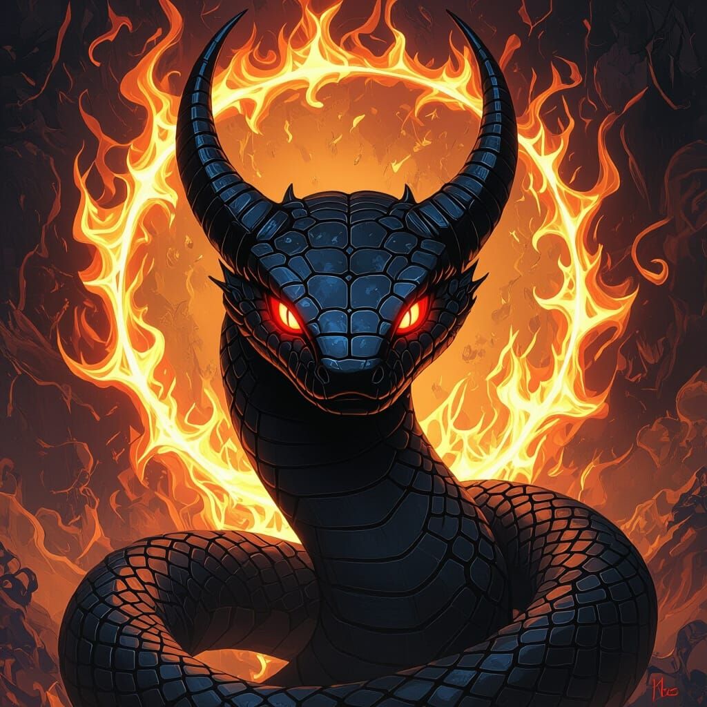 Horned Snake in Fiery Halo: Fantasy Art