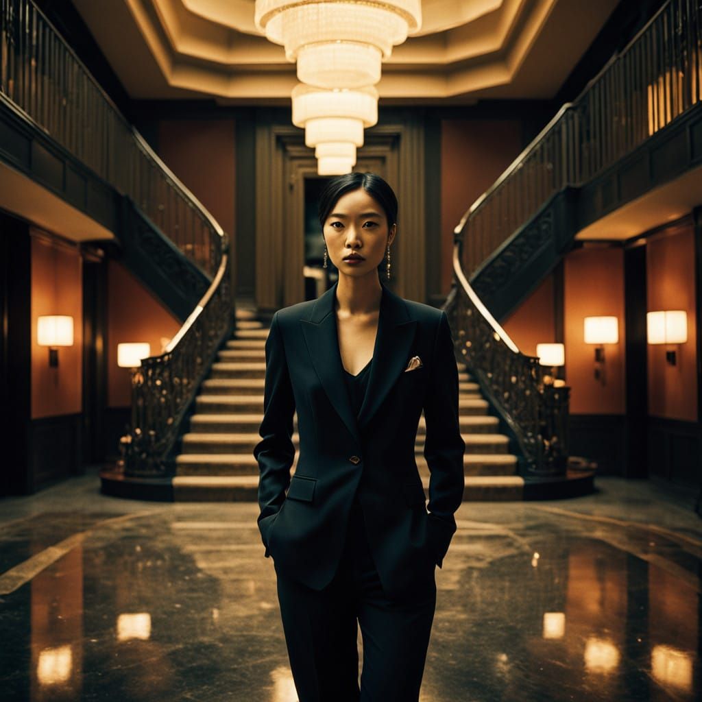 Confident Woman in Amber Hotel Lobby