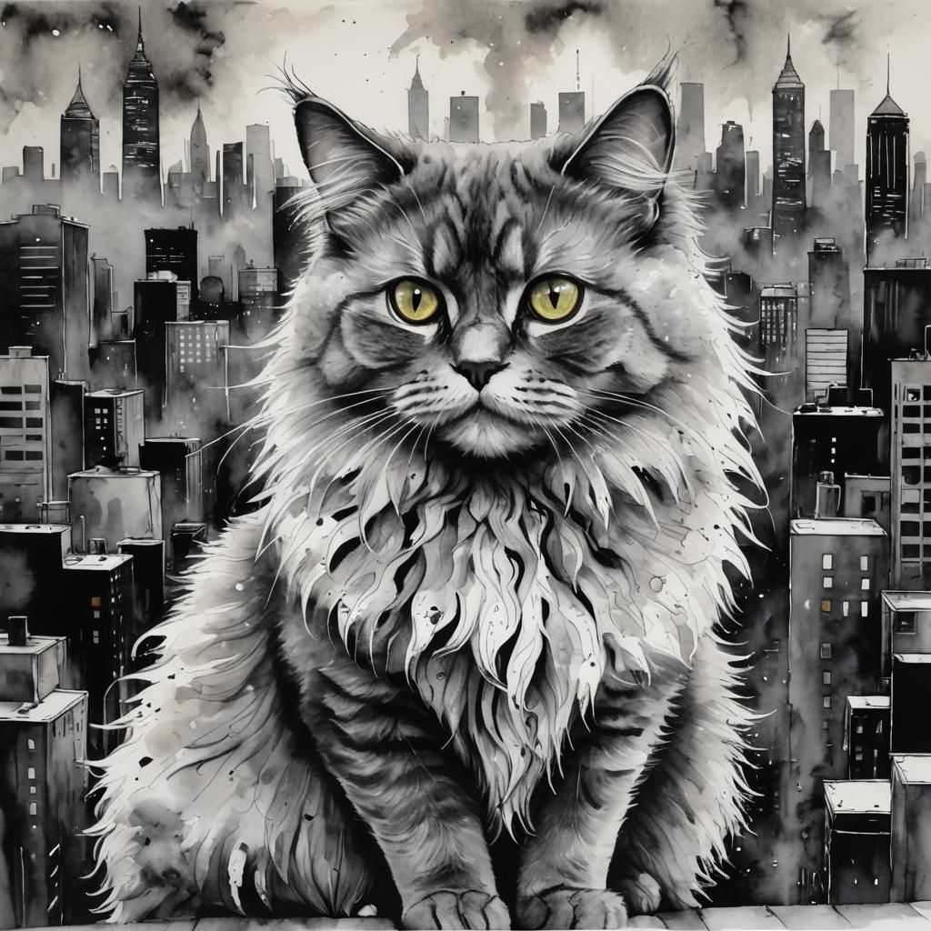 Monochromatic Cat in Cityscape: Detailed Ink Art