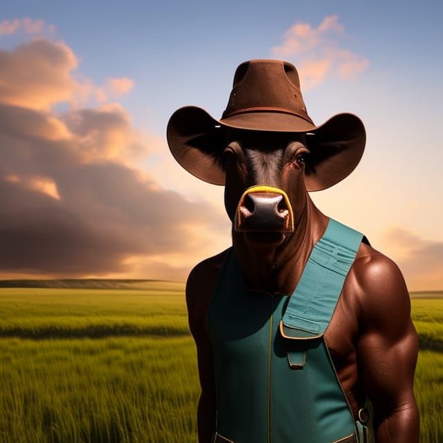 Bipedal Cow Portrait in Farmer's Outfit