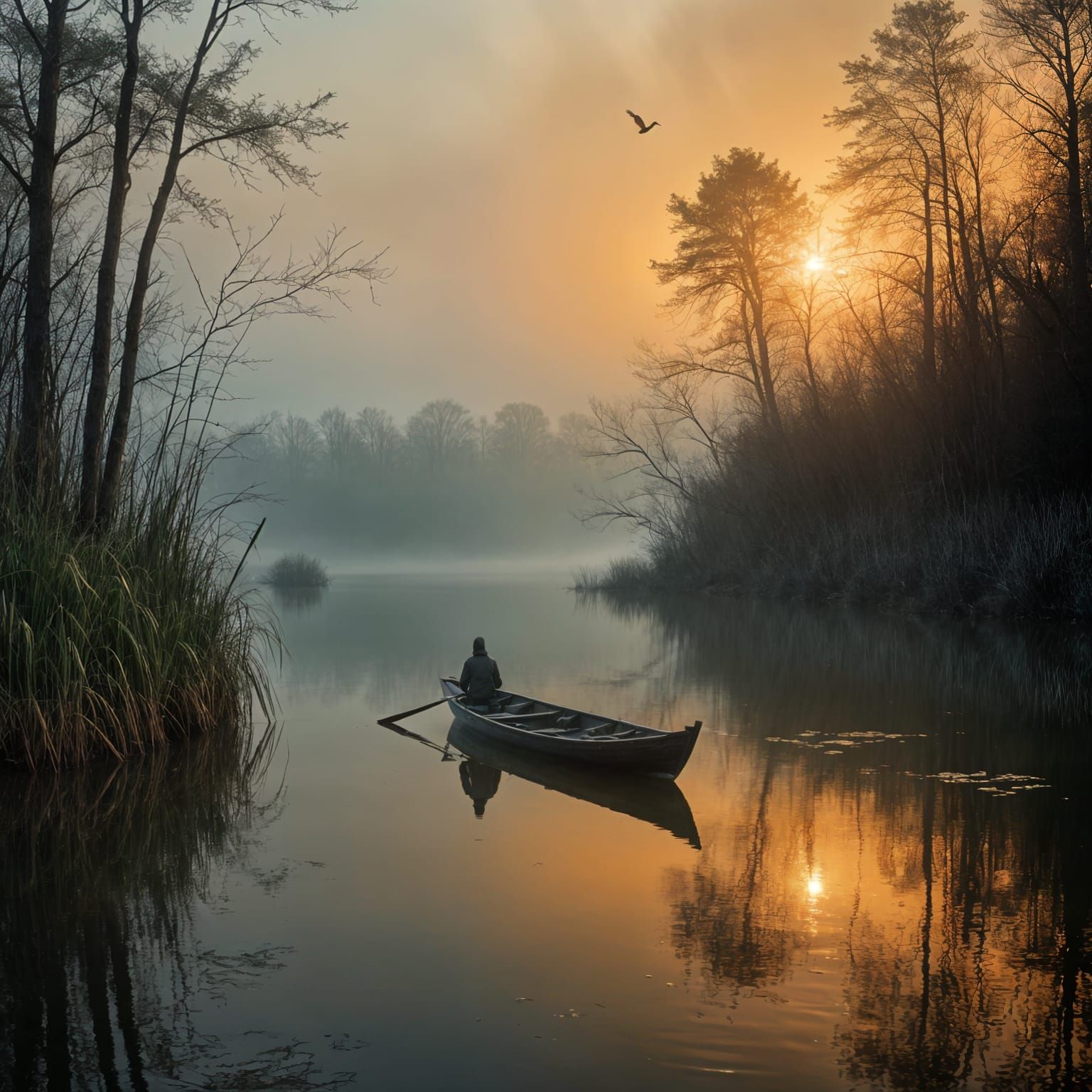Eerie Figure Drifting on Misty Lake in Watercolor