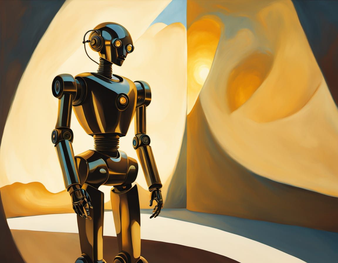 Surreal Robot Contemplates Melting Reality in Gouache Waterc...