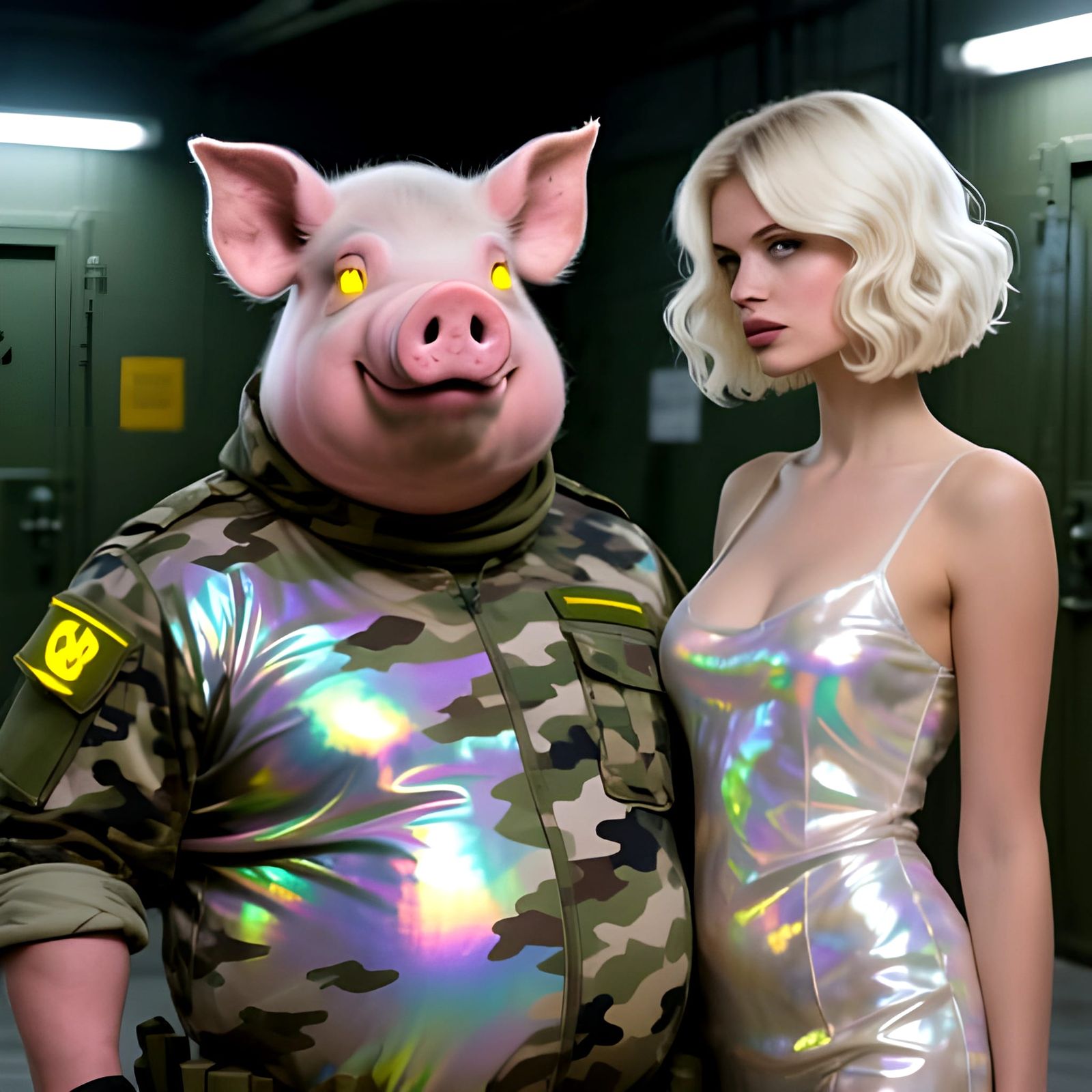 Iridescent Pig Soldier with Attractive Woman