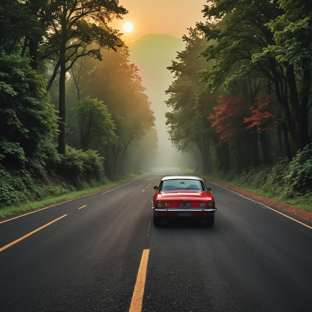 Green Man Drives Red Car at Sunrise