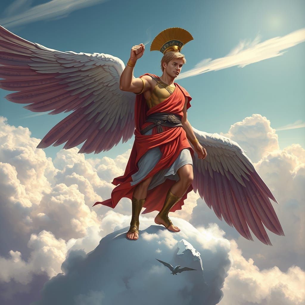 Roman God of Speed in Futuristic Cloudscape