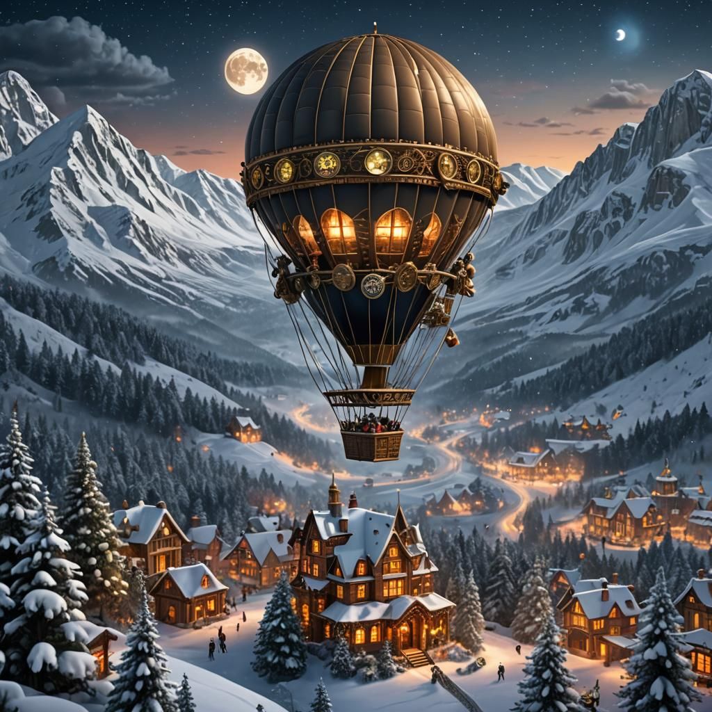 Christmas Snow Globe Hot Air Balloon at Night