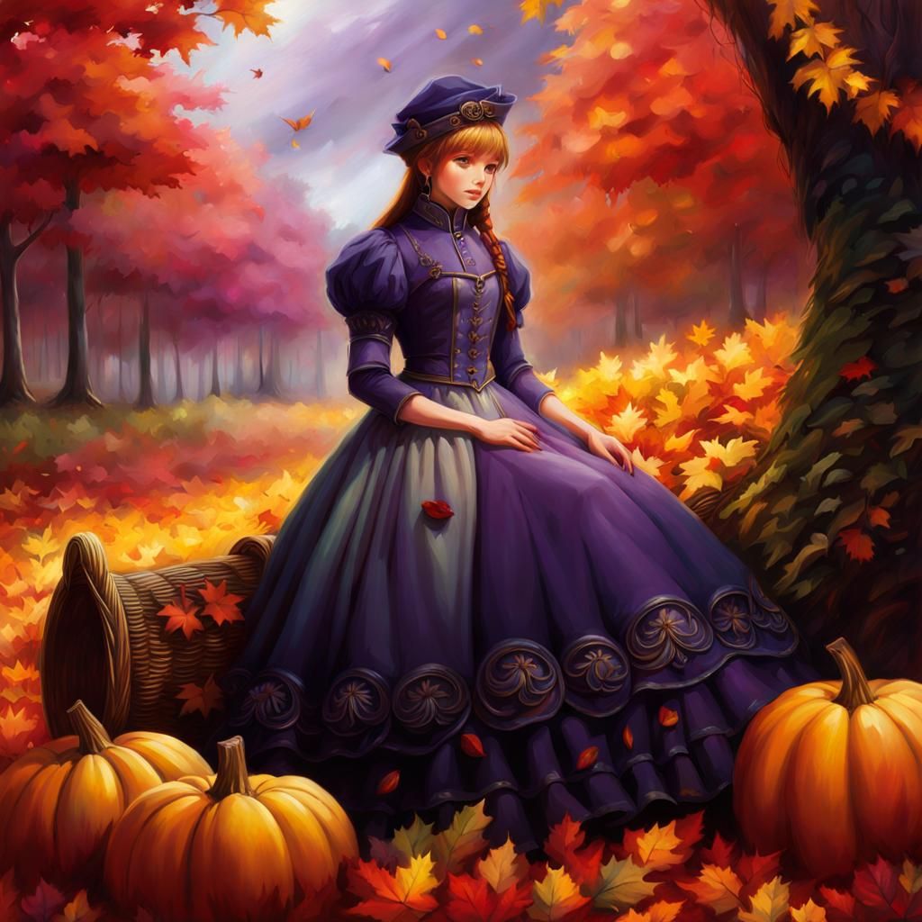 Autumn Deity with Cornucopia in Impressionistic Oil Painting