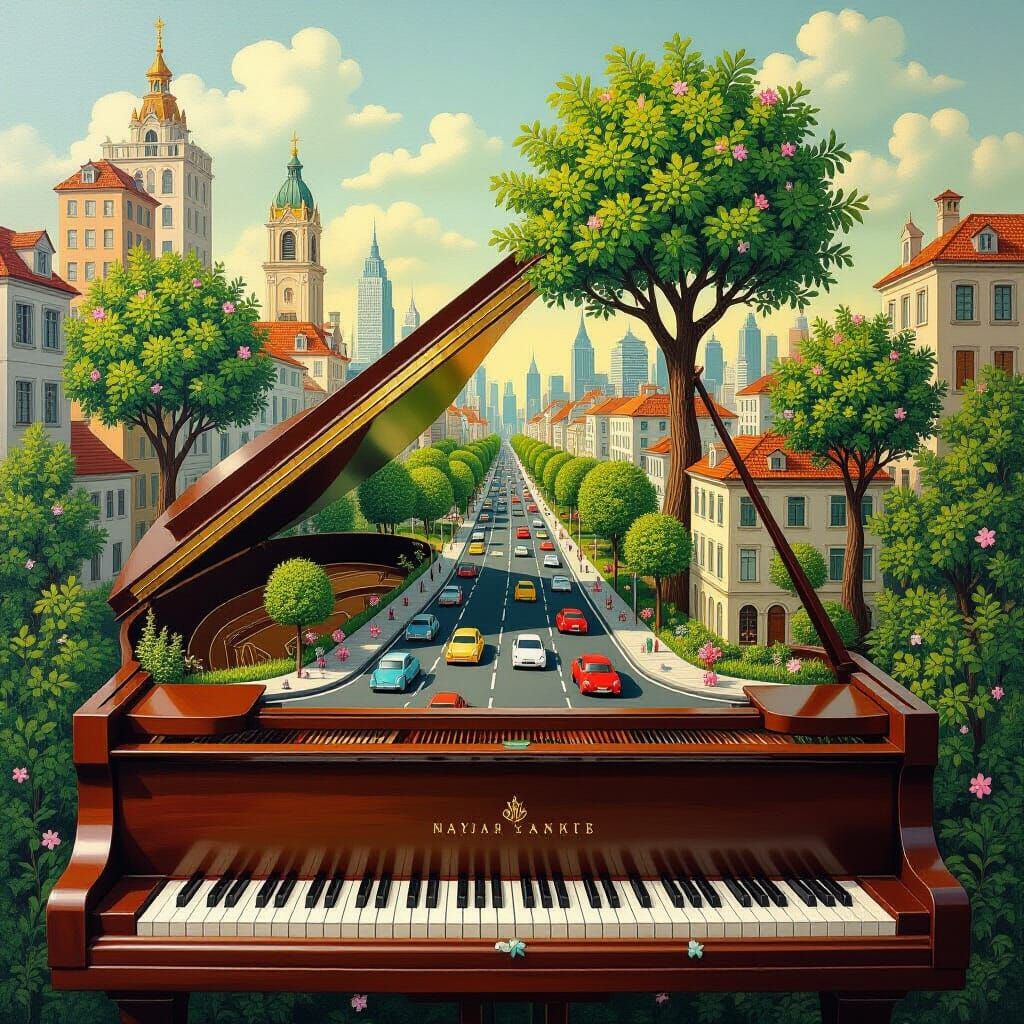 Surreal Piano Cityscape with Trees and Flowers