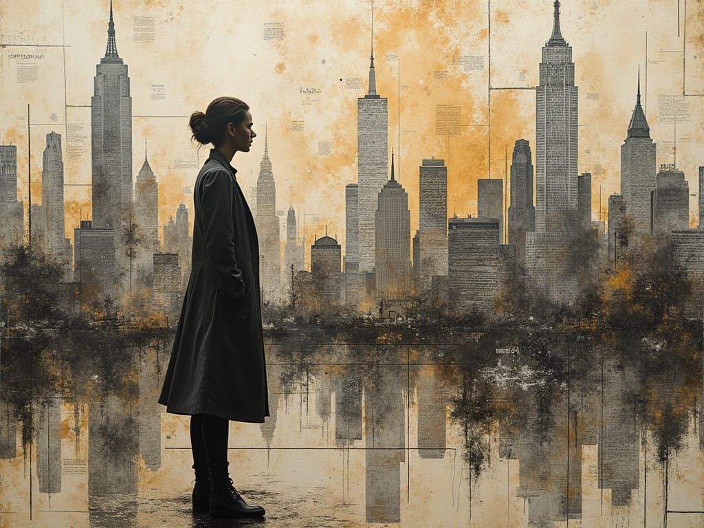 Abstract Cityscape Contemplation in Mixed Media Collage Styl...