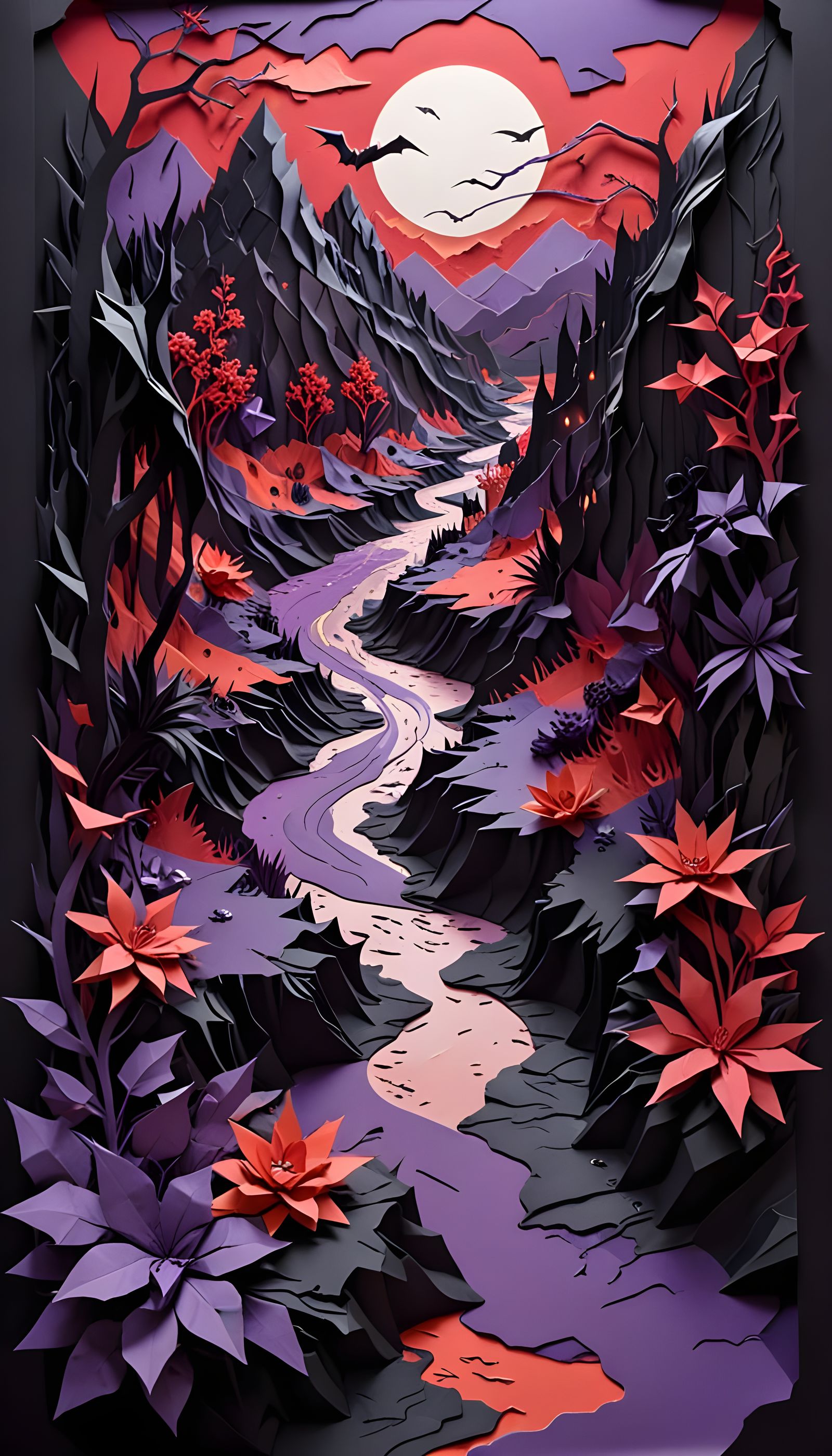 Gothic Valley with Blackened River and Paper Sculpted Plants