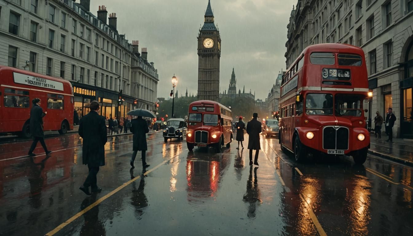 Beatles Band Performs on Rainy 1960s London Street