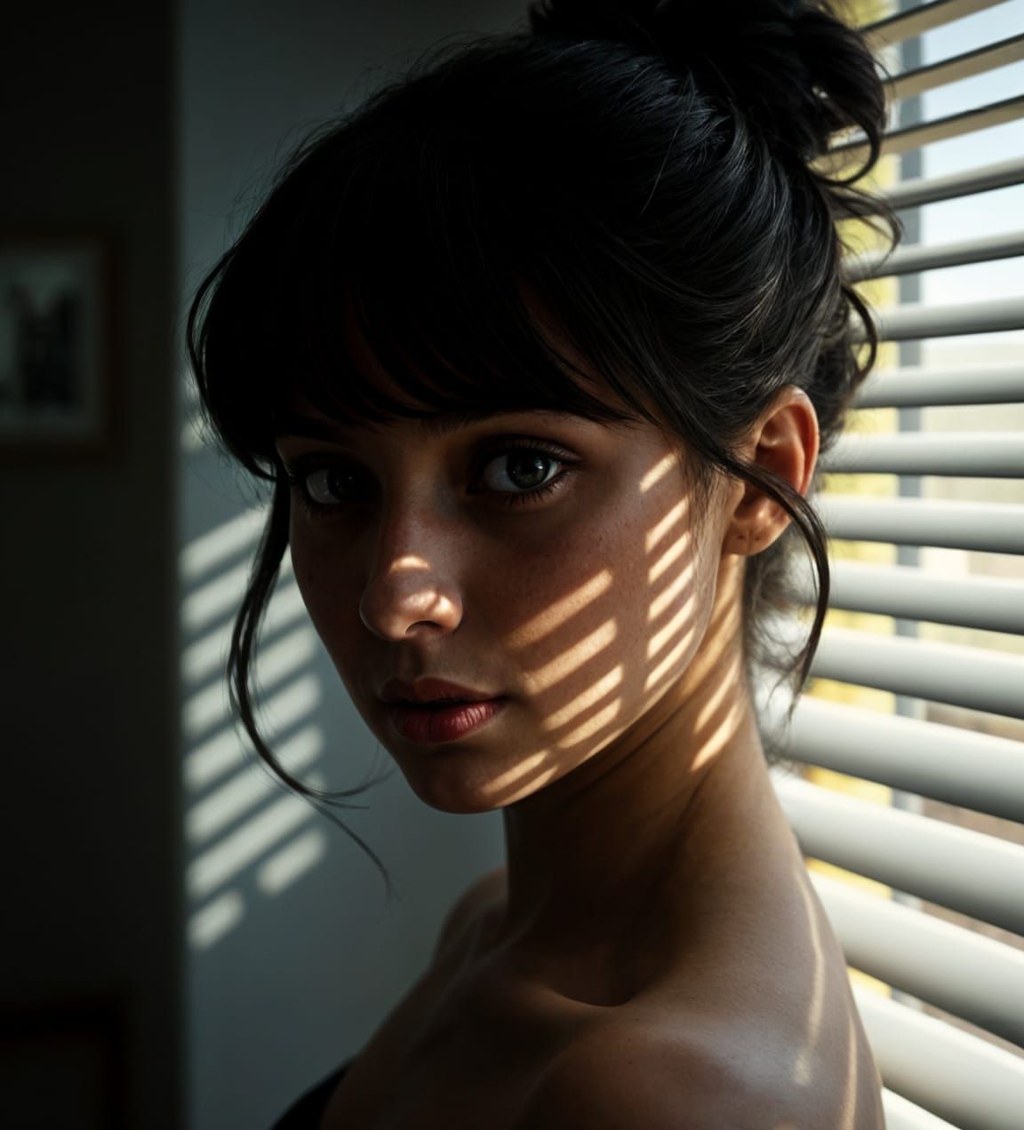 Woman in Soft Dark Lighting, High-Contrast Portrait