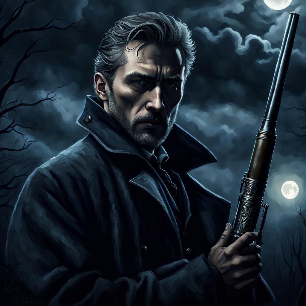 Wolf Hunter with Silver Bullet in Gothic Noir Style