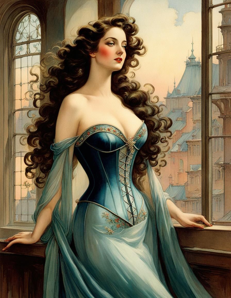 Smiling Bond Girl in Loft, Warwick Goble Style