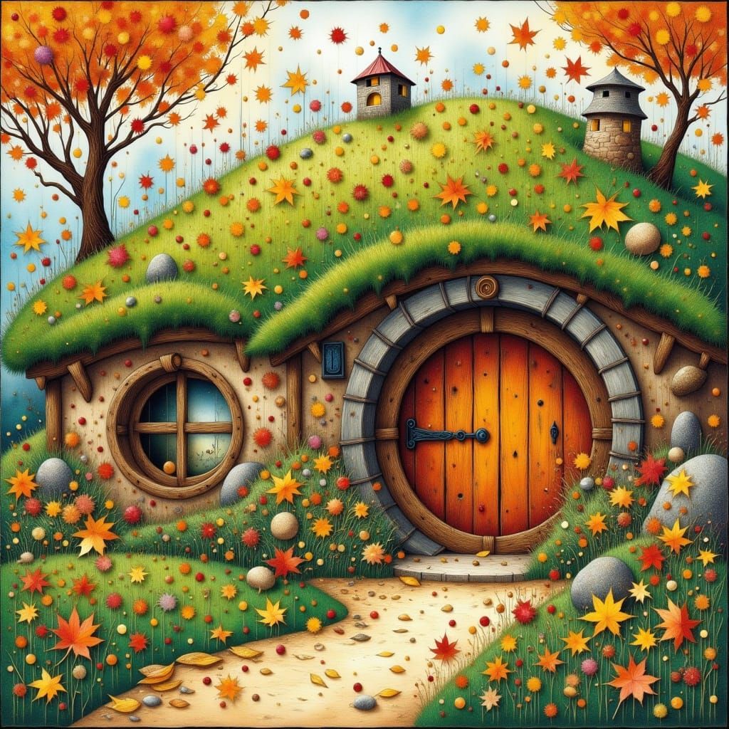 Cozy Hobbit Hole in Autumn Storybook Style