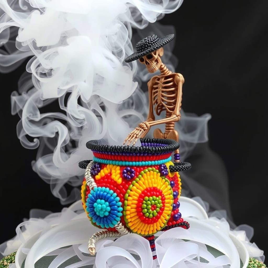 Beaded Skeleton Stirring a Multicolored Cauldron
