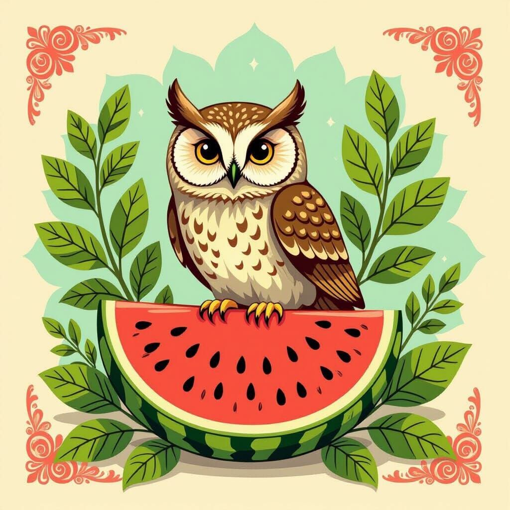 Whimsical Owl on Watermelon Textile