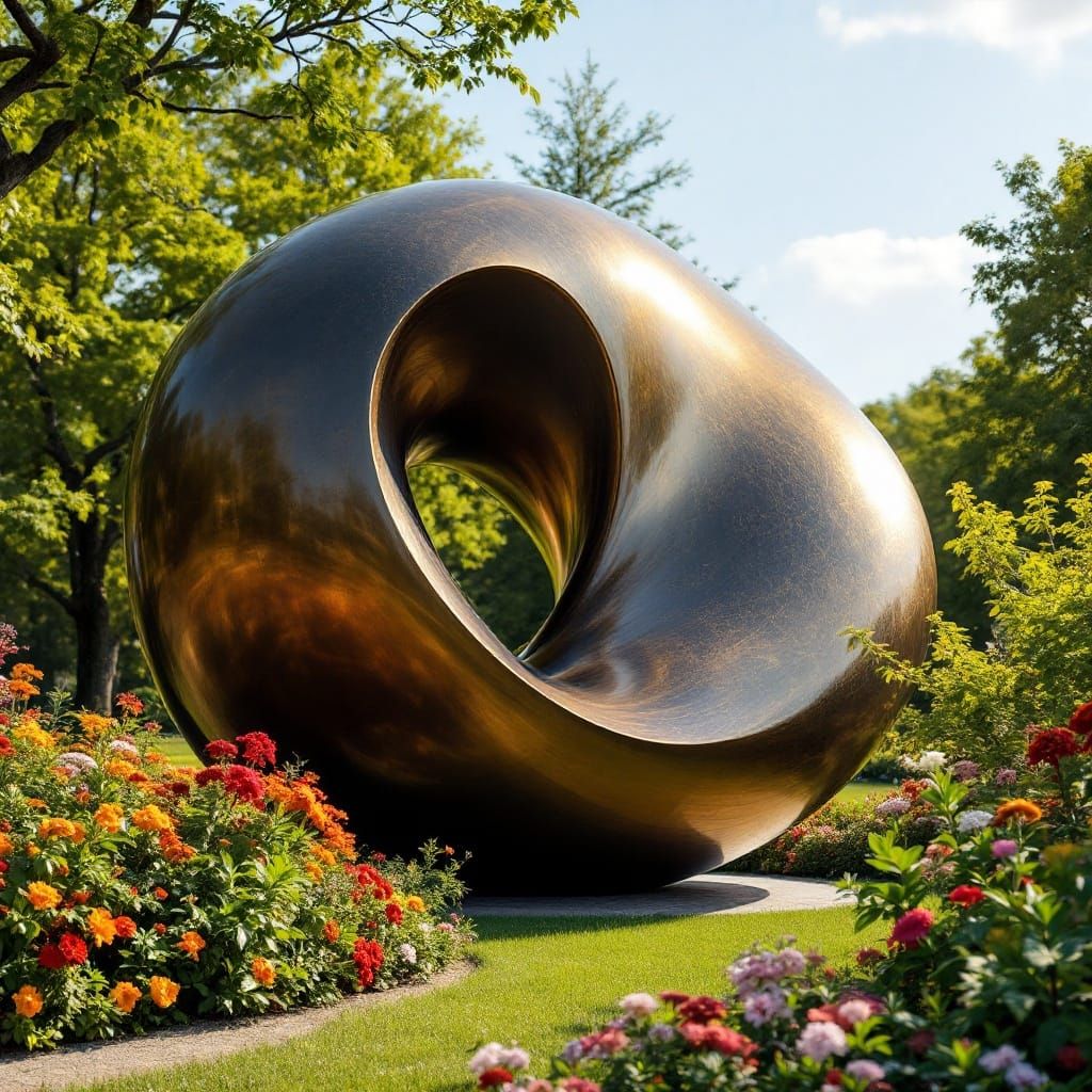 Sculpture of a Shining Organic Form in a Serene Garden