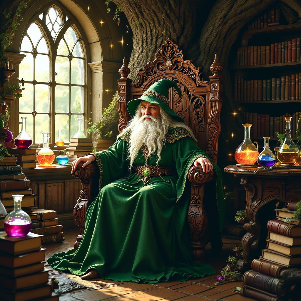 Fairy Witch in Cluttered Study with Bubbling Potions