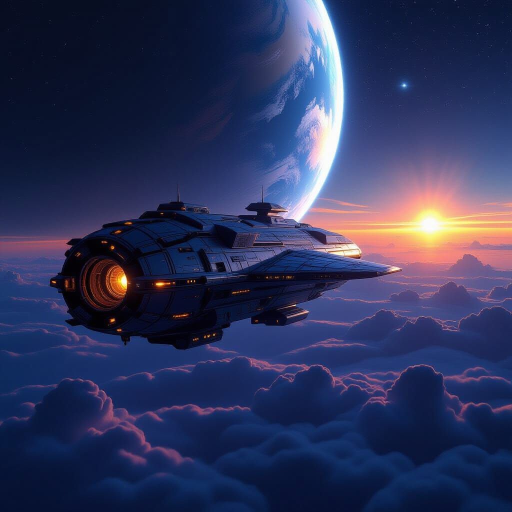 Ring Space Station and Beanstalk Orbiting Blue Planet