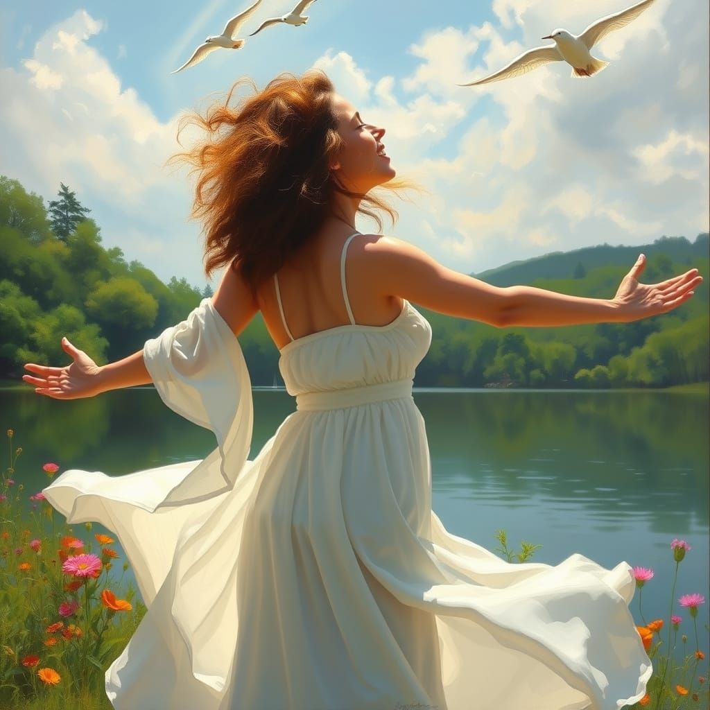 Woman Embracing Serenity by a Tranquil Lake