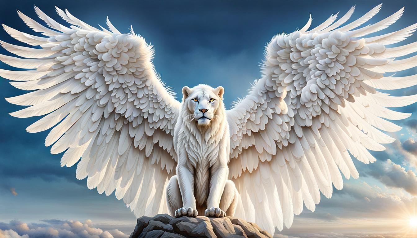 Majestic White Lioness with Eagle Wings