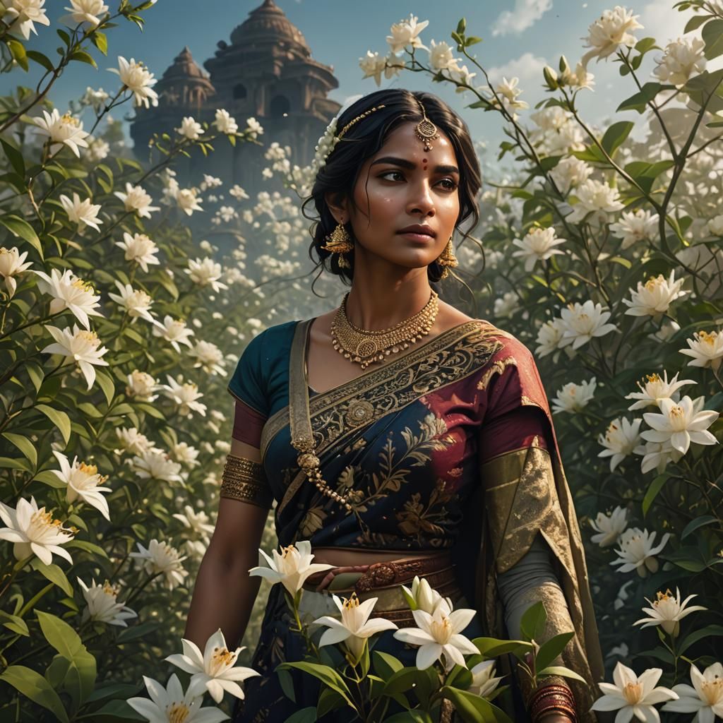 Stunning Indian Woman in Jasmine Field: Fantasy Art