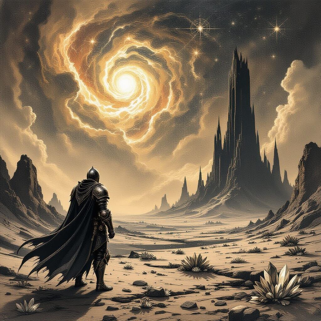 Knight on Alien Planet Under Cosmic Sky, Sepia Etching Style