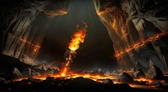 Fiery Torchlight in a Dark Cave: Photorealistic 8K
