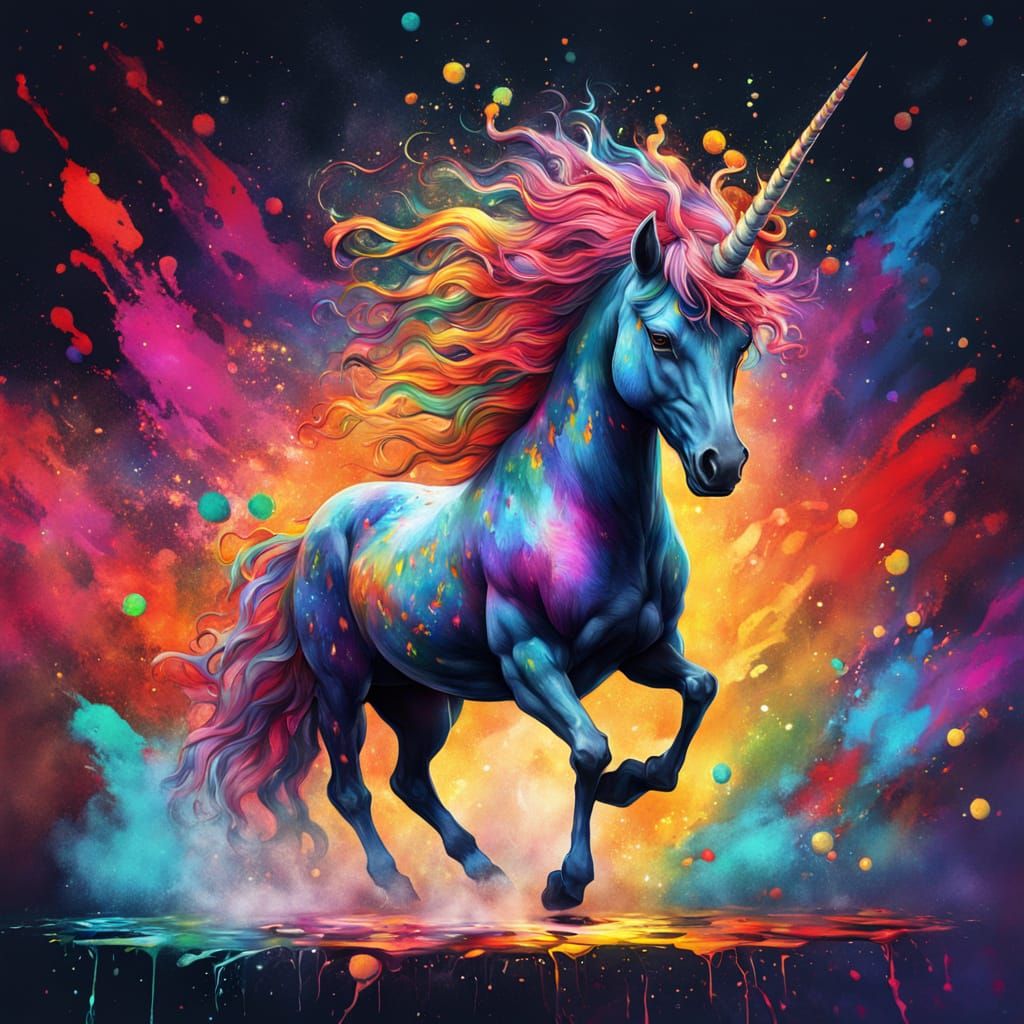 Cosmic Unicorn in Mythical Forest: Graffiti Art