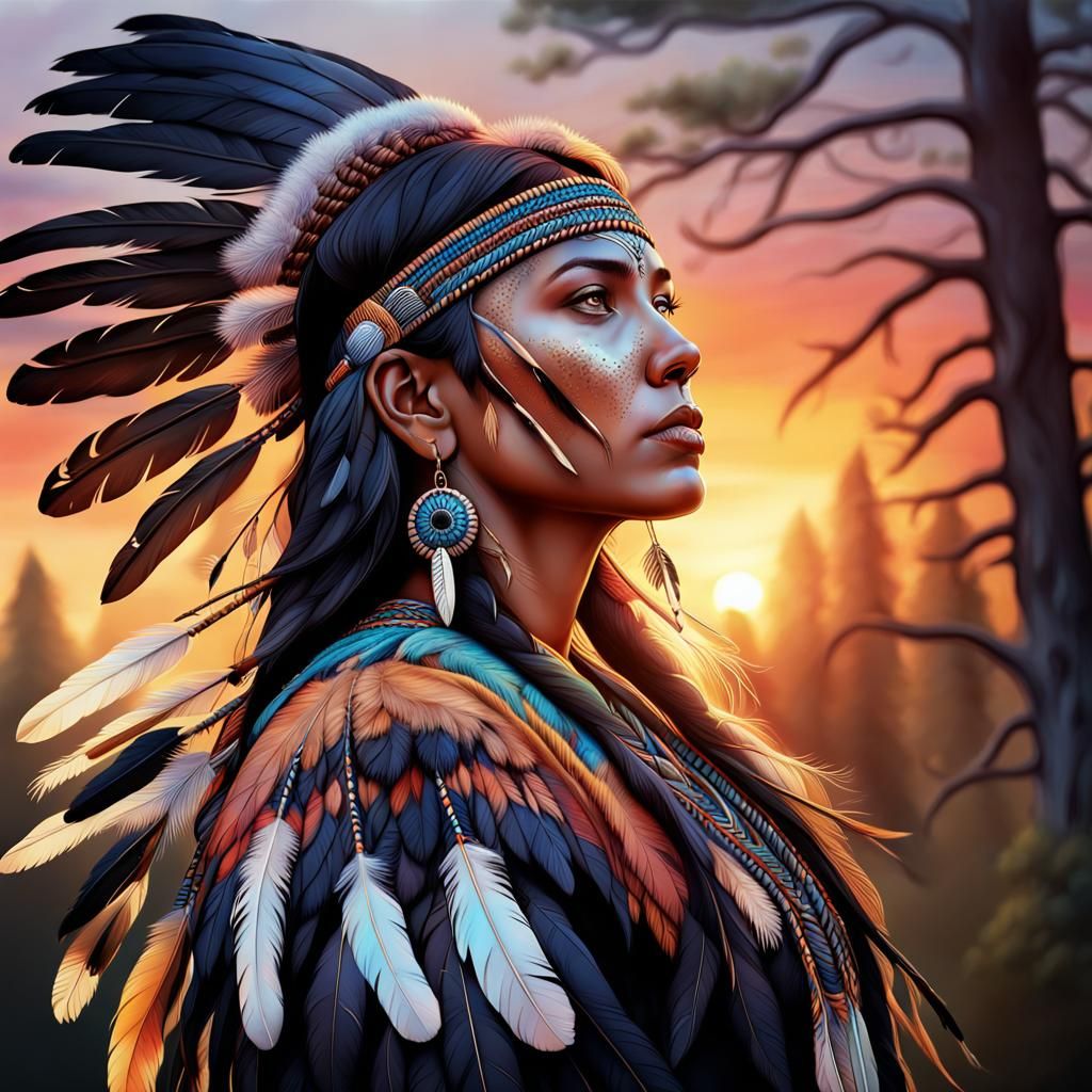 Native American Woman with Feathers at Sunset