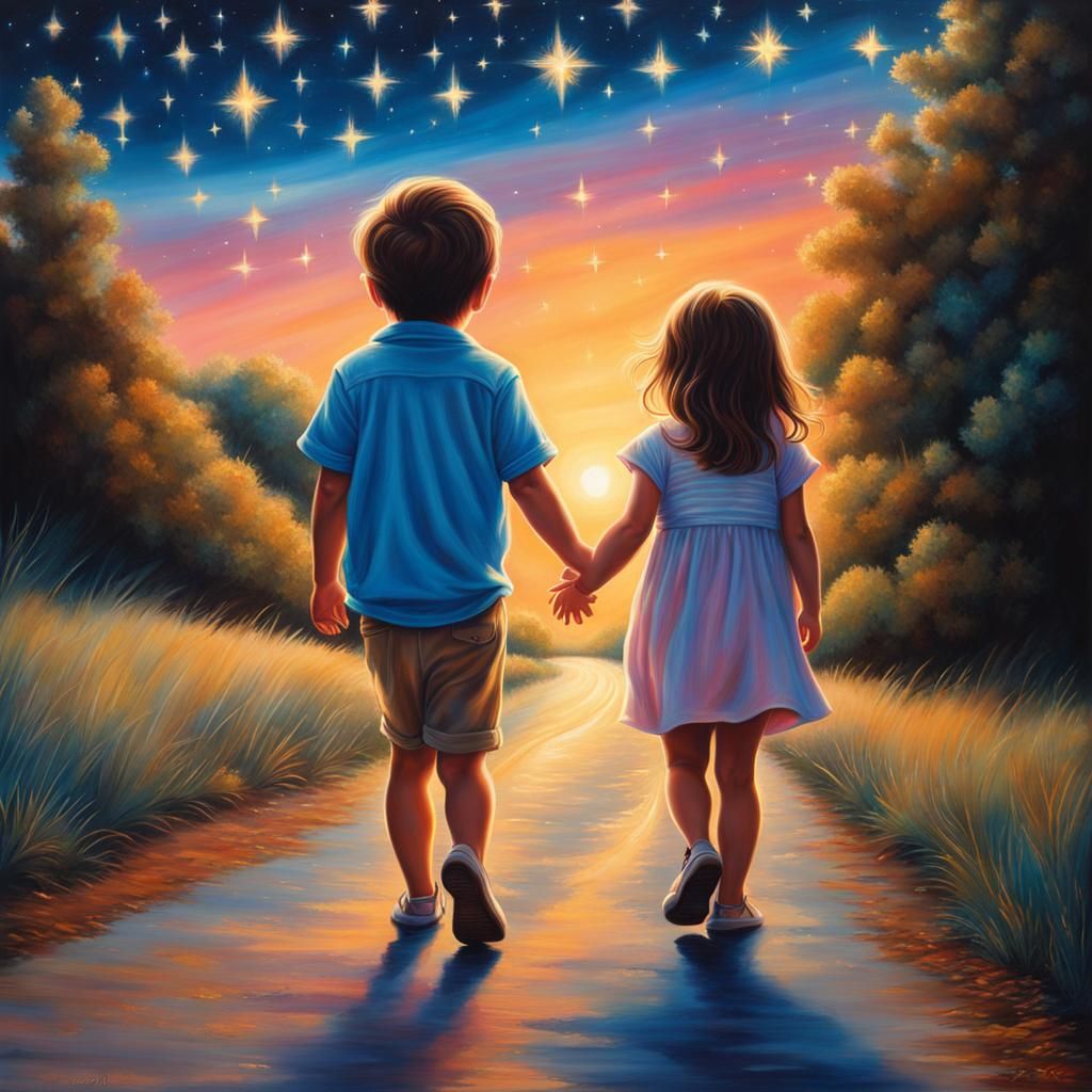 Toddlers Walking on Starry Road: Pastel Painting