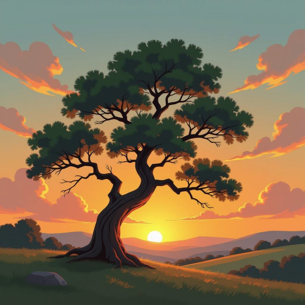 Ancient Tree at Sunset in Ghibli Impressionist Style