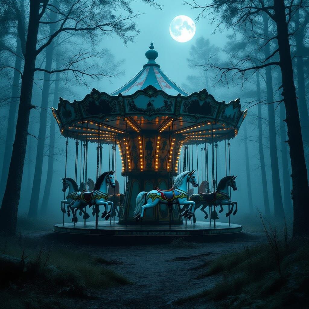Abandoned Carousel in Misty Forest Clearing