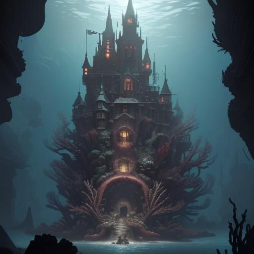 Sinister Underwater Castle with Corals and Sea Life