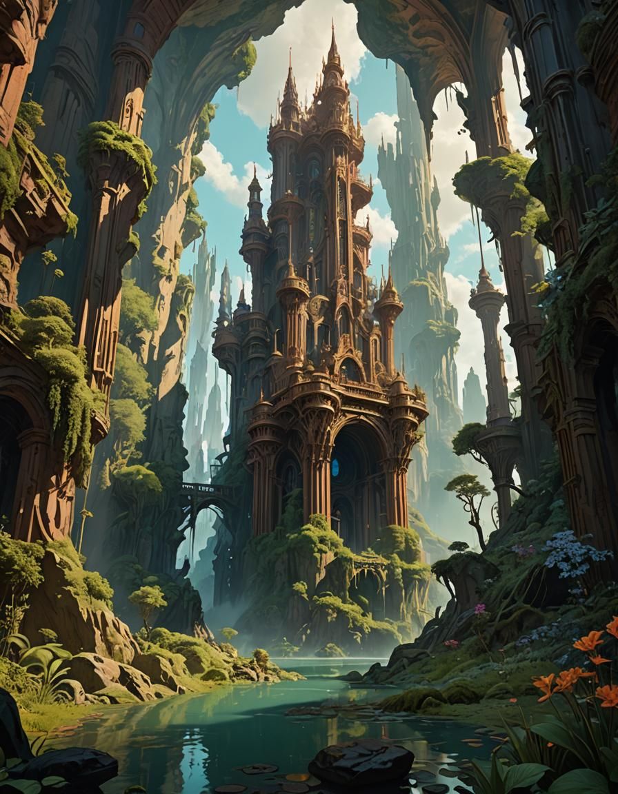 Canyon Landscape with Air Tower in Art Nouveau Style