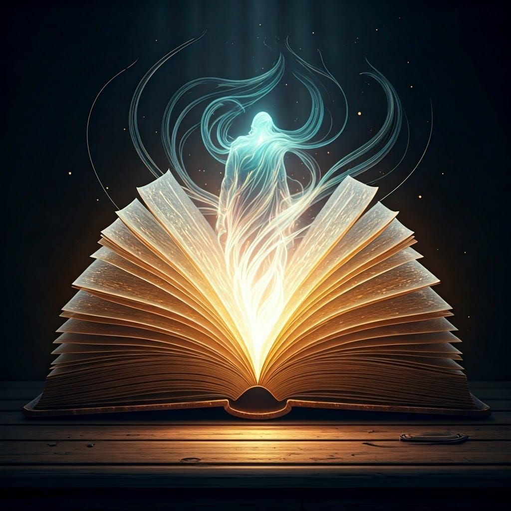 Holographic Light Sculpture: Ghostly Book in Futuristic Styl...