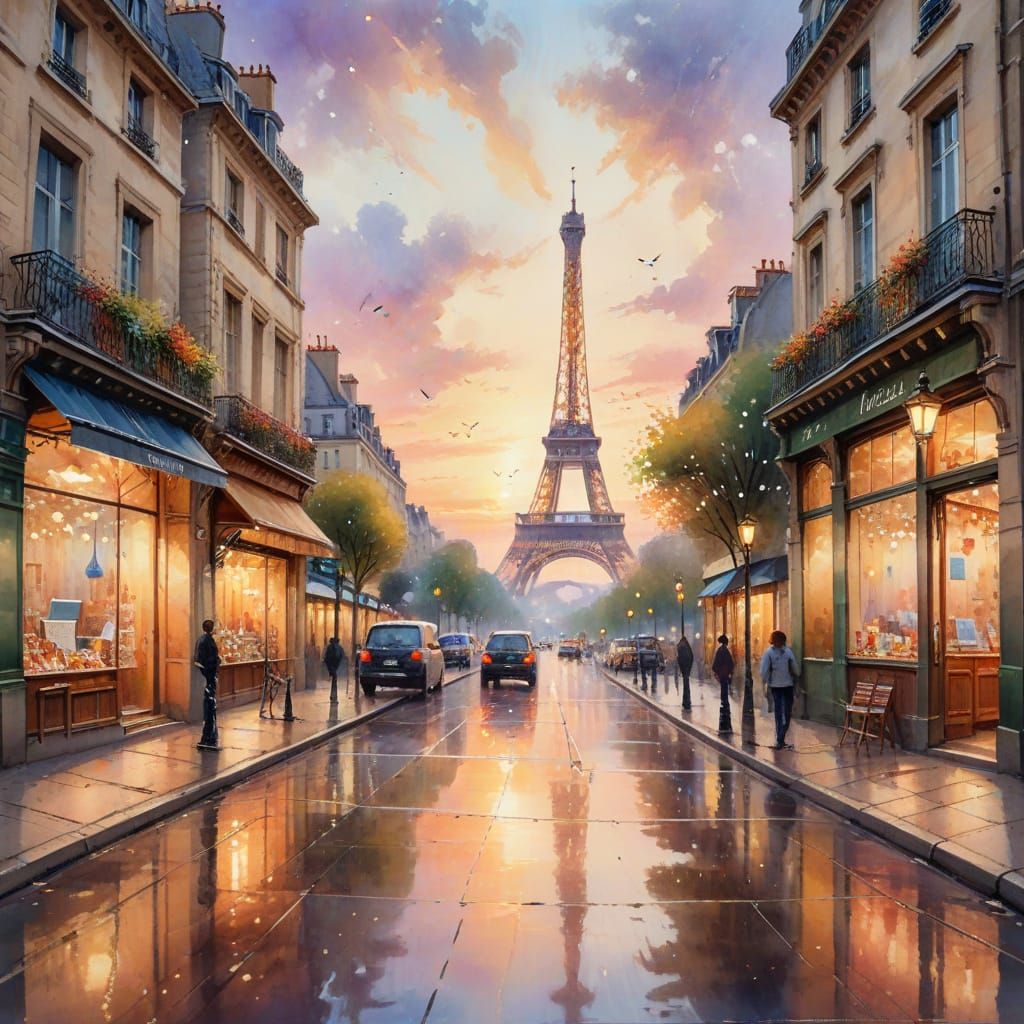 Parisian Golden Hour: Eiffel Tower in Watercolor