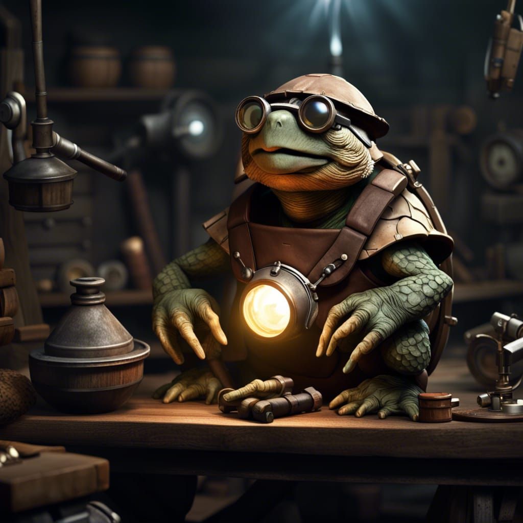 Tortle Artificer in Workshop: Hyper-Realistic Dark Fantasy