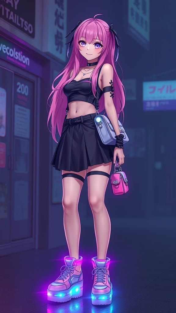 Gothic Woman in Kawaii Rave Outfit Anime Art