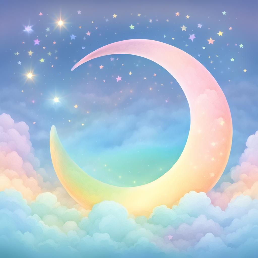 Pastel Rainbow Crescent Moon With Magical Light