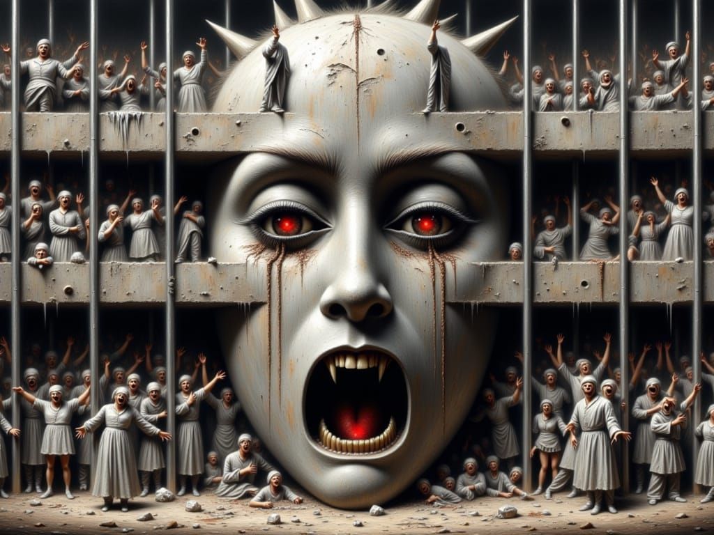Surrealist Prison Head in Grimdark Baroque Style